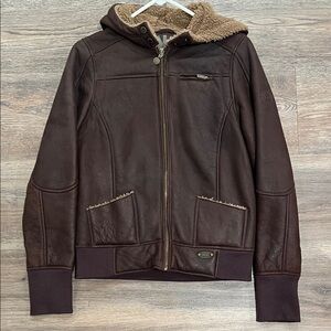 UGG Chocolate Brown Leather Hooded Bomber Jacket